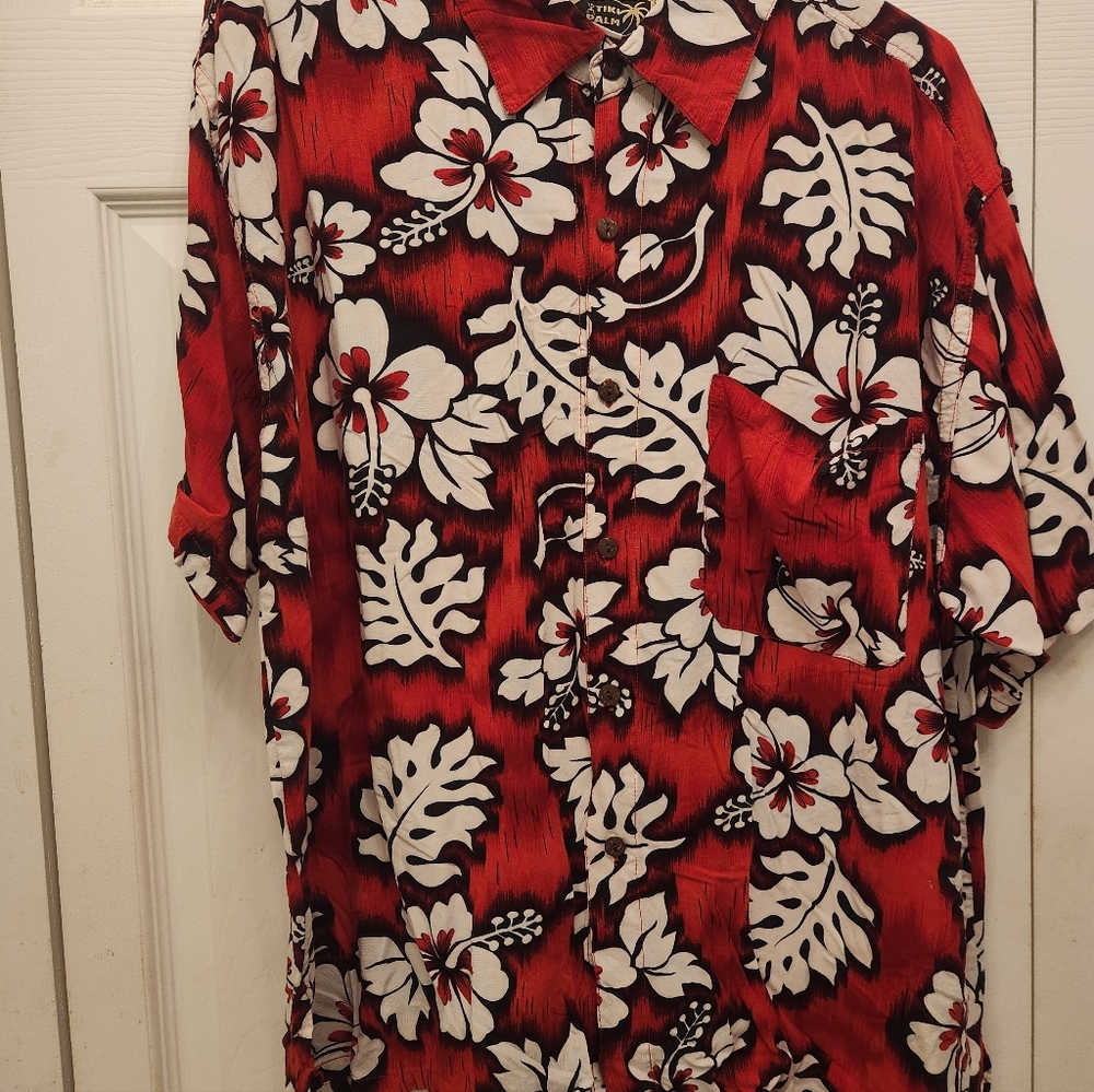 Tiki Palm  Red Black and White Floral Men's Hawaiian Shirt